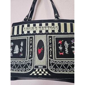 Lulu Guinness Lulus Tattoos Embroidered Tote Bag Black Patent Leather Trim Rare